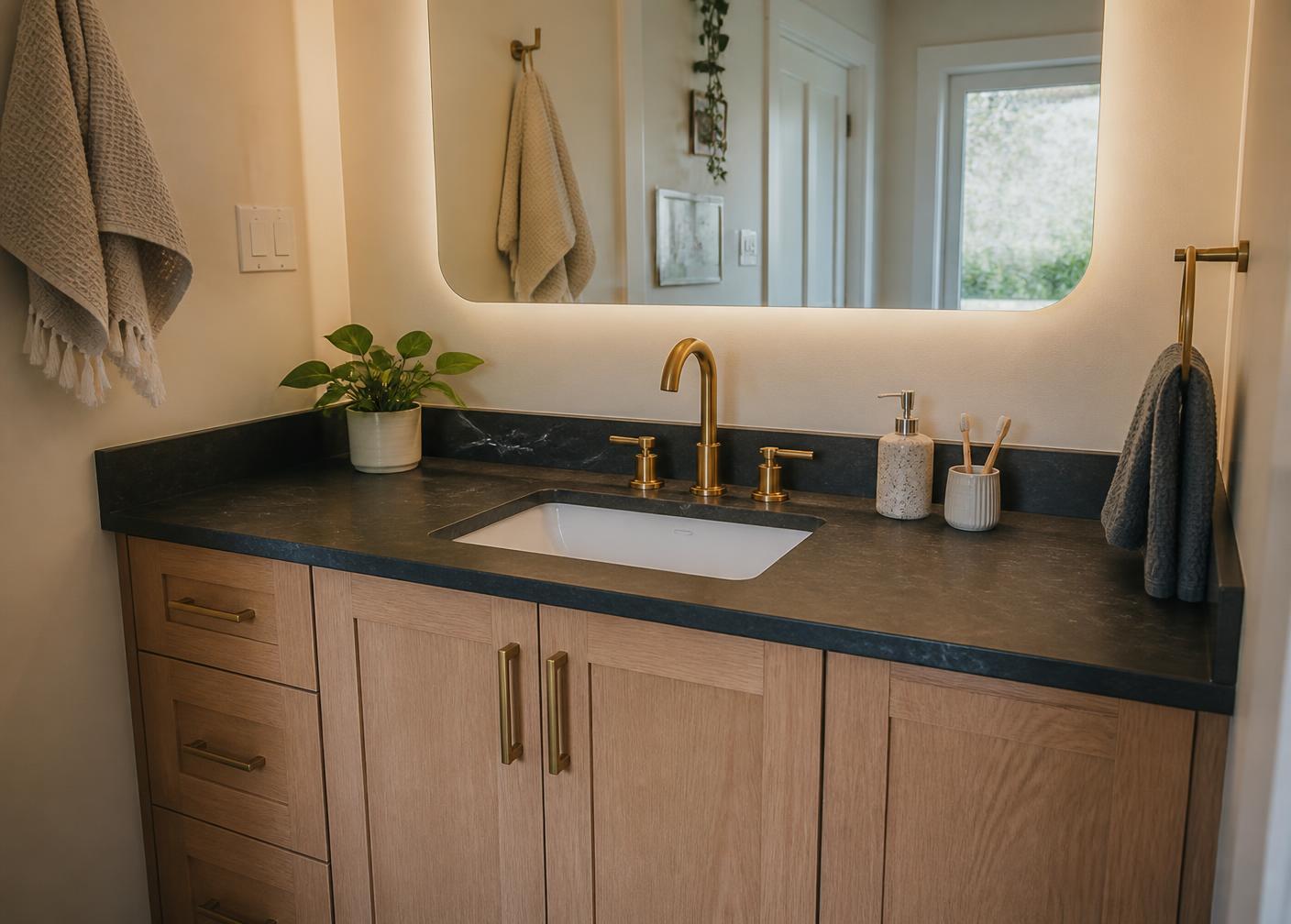 Marble-look laminate bath vanity with a flush undermount sink